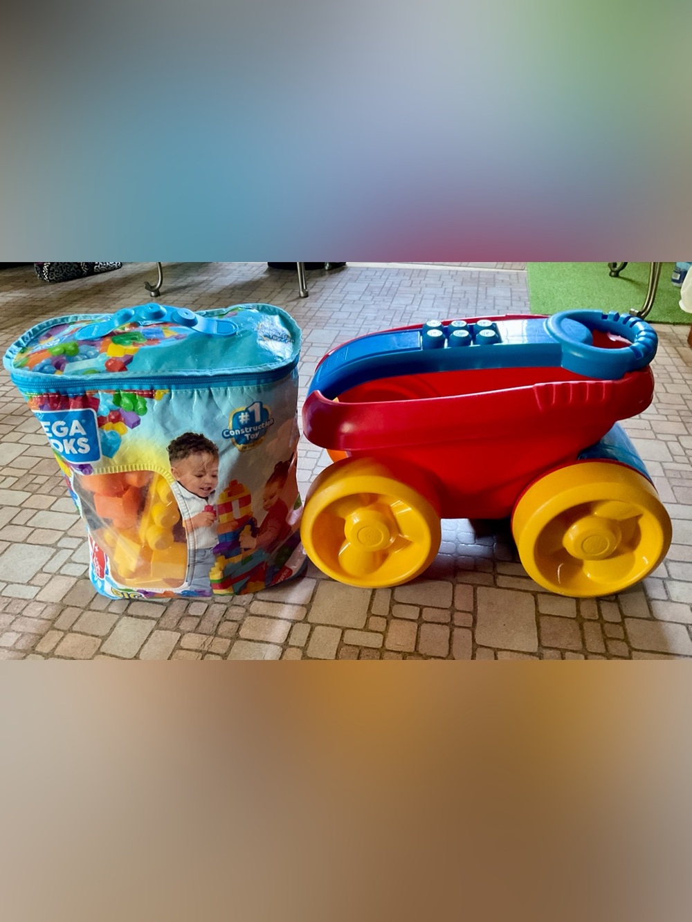 Lego Red Rolling Cart with Blue Handle and Yellow Wheels